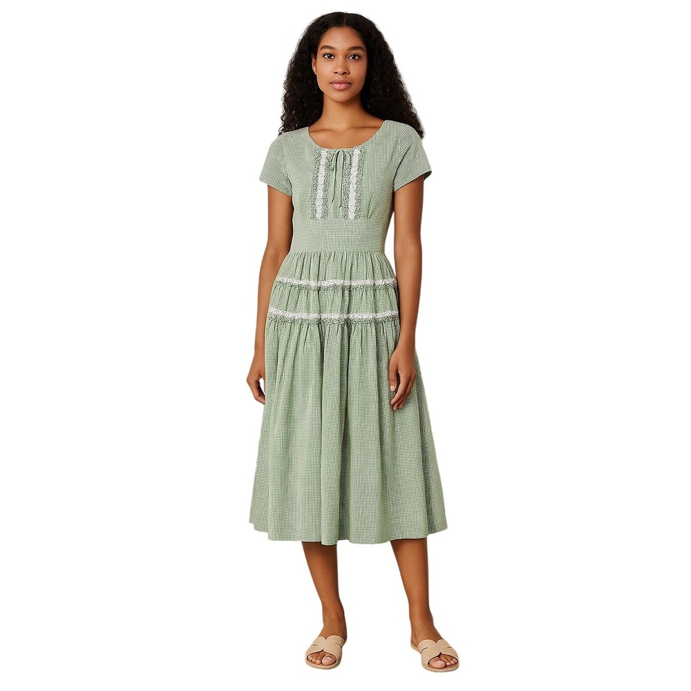 VICKY VAUGHN x VINTAGE 70s Green Gingham Prairie Dress Lace Trim‎ Cottagecore